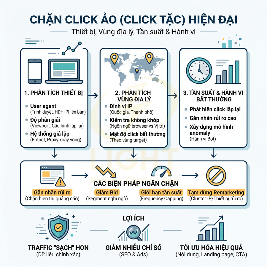 Infographic quy trình chặn click ảo hiện đại với phân tích thiết bị, vùng địa lý, tần suất và hành vi người dùng