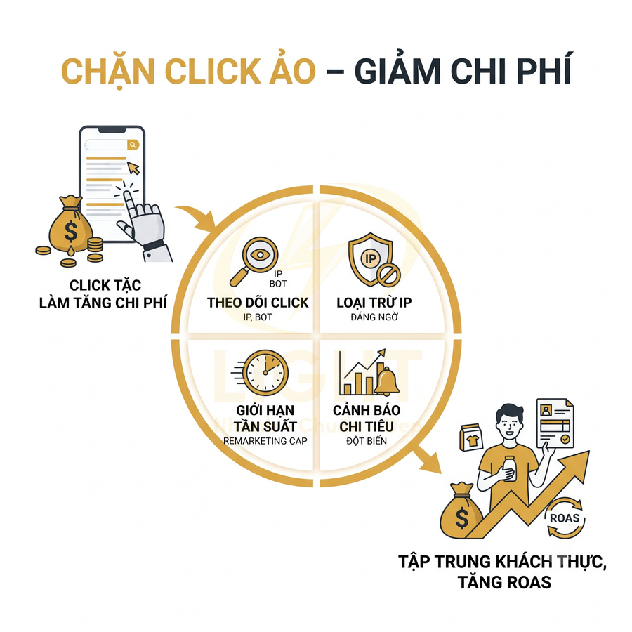 Giải pháp chặn click ảo quảng cáo với theo dõi click, loại trừ IP, giới hạn tần suất và cảnh báo chi tiêu