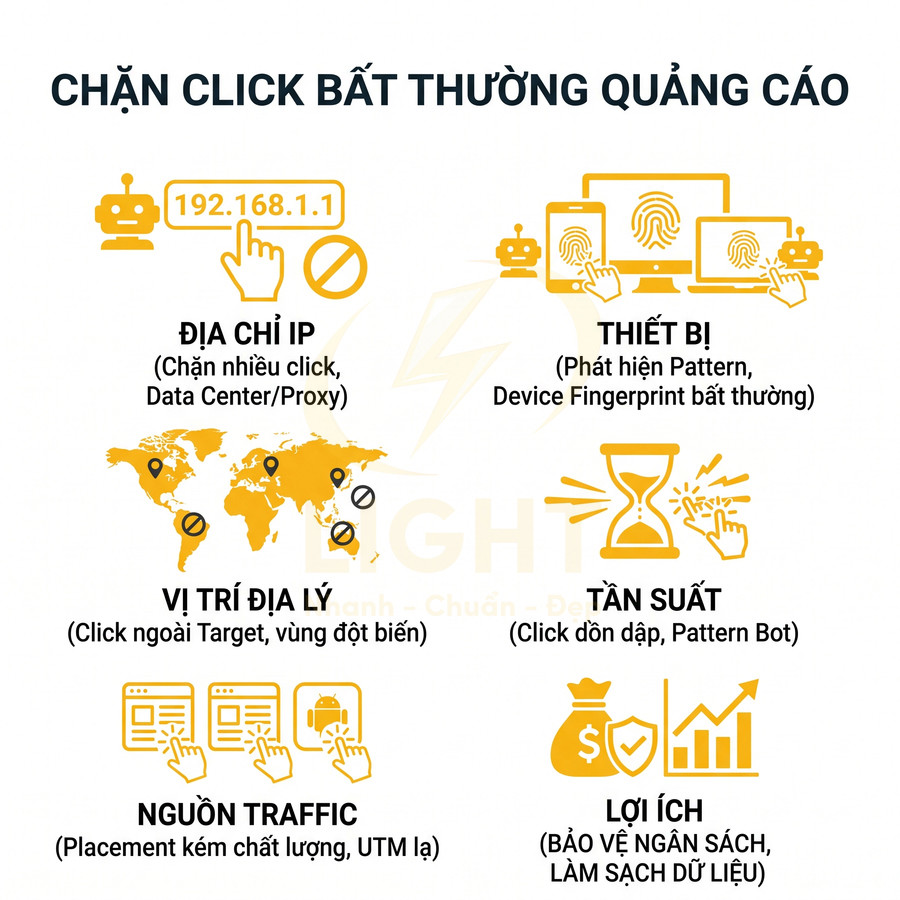 Giải pháp chặn click quảng cáo bất thường theo IP thiết bị vị trí tần suất và nguồn traffic