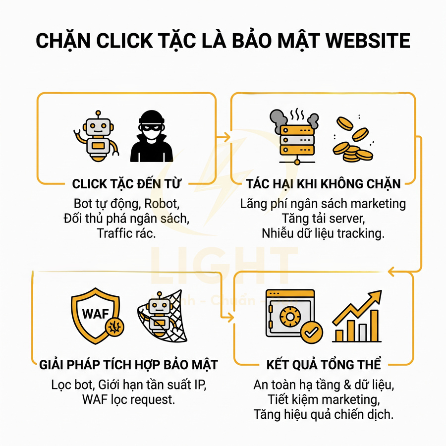 Infographic giải thích lợi ích chặn click tặc, giải pháp WAF bảo mật website và tối ưu hiệu quả marketing