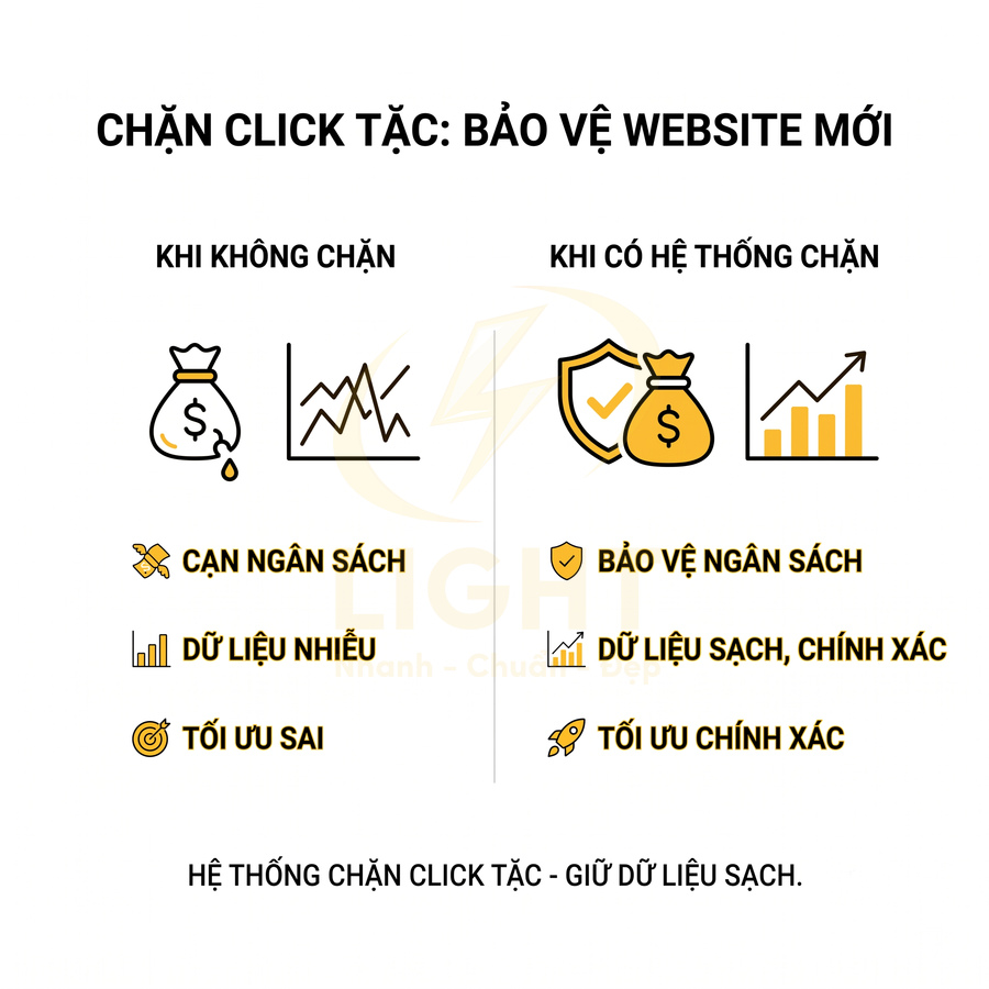 So sánh hiệu quả quảng cáo khi không chặn và khi dùng hệ thống chặn click tặc bảo vệ ngân sách, dữ liệu sạch