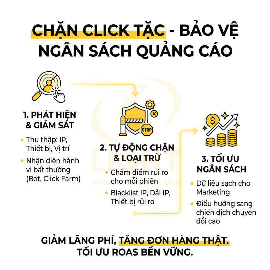 Giải pháp chặn click tặc bảo vệ ngân sách quảng cáo với ba bước phát hiện, tự động chặn và tối ưu ngân sách