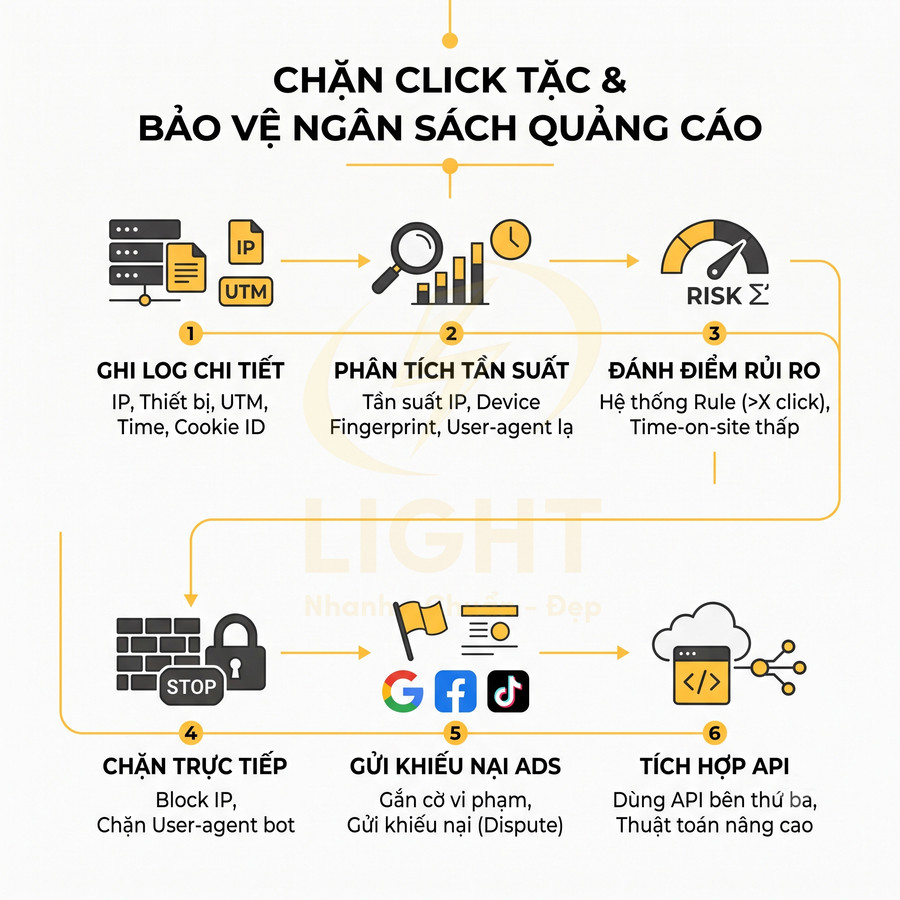 Quy trình phần mềm Light chặn click tặc và bảo vệ ngân sách quảng cáo qua ghi log, phân tích, chặn IP, khiếu nại và tích hợp API