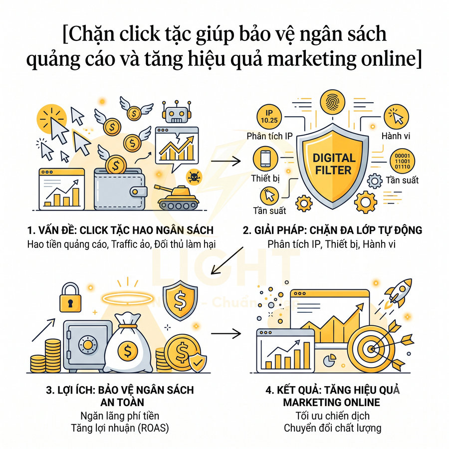 Infographic giải pháp chặn click tặc bảo vệ ngân sách quảng cáo và tăng hiệu quả marketing online