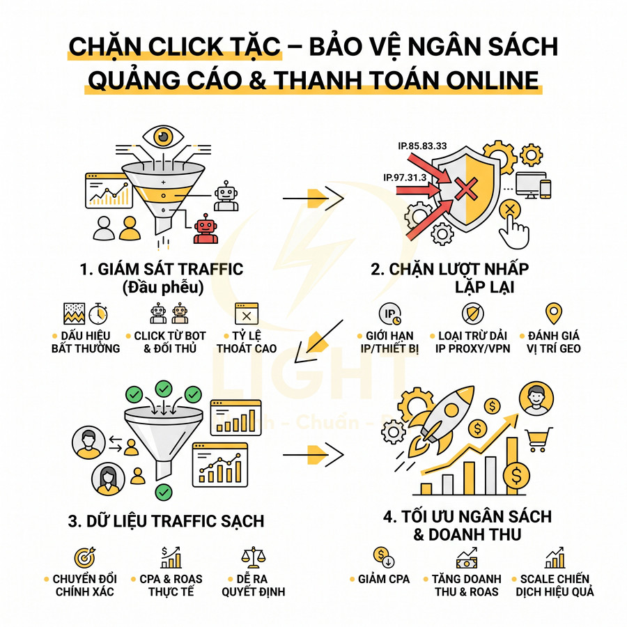 Giải pháp chặn click tặc bảo vệ ngân sách quảng cáo online qua giám sát traffic và tối ưu doanh thu