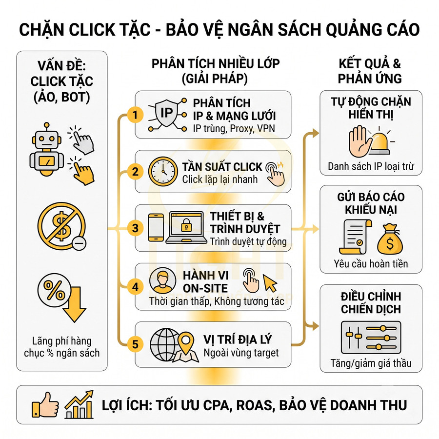 Giải pháp chặn click tặc nhiều lớp giúp bảo vệ ngân sách quảng cáo và tối ưu CPA ROAS cho doanh nghiệp