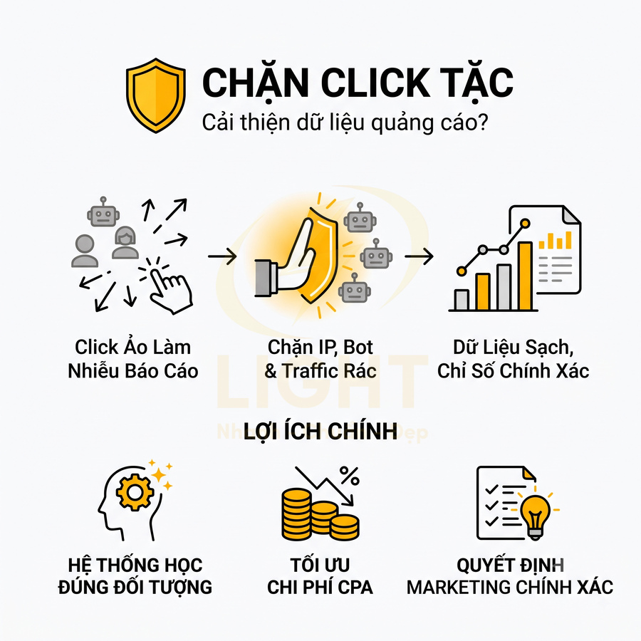 Giải pháp chặn click tặc giúp lọc bot, traffic rác và tối ưu dữ liệu quảng cáo, chi phí CPA, quyết định marketing