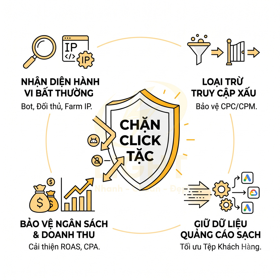 Giải pháp chặn click tặc bảo vệ ngân sách quảng cáo, loại trừ truy cập xấu và giữ dữ liệu quảng cáo sạch