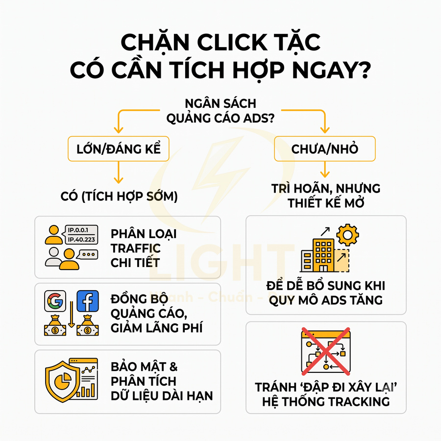 Infographic hướng dẫn quyết định tích hợp giải pháp chặn click tặc theo ngân sách quảng cáo lớn hay nhỏ