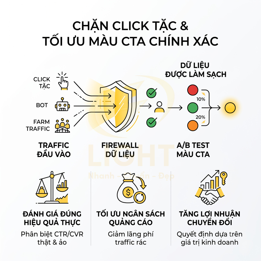 Giải pháp firewall dữ liệu chặn click tặc, làm sạch traffic và tối ưu màu nút CTA để tăng hiệu quả quảng cáo