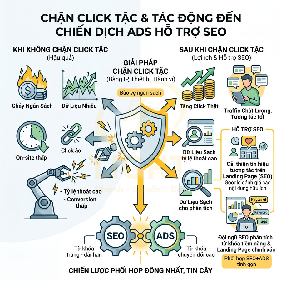 Infographic giải pháp chặn click tặc bảo vệ ngân sách quảng cáo Google Ads và tối ưu hiệu quả SEO