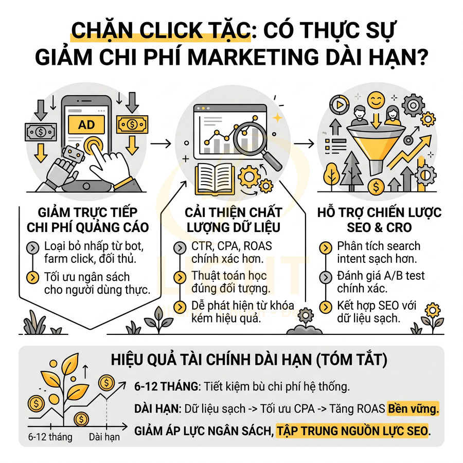Infographic về lợi ích chặn click tặc giúp giảm chi phí quảng cáo, cải thiện dữ liệu và tối ưu chiến lược SEO CRO
