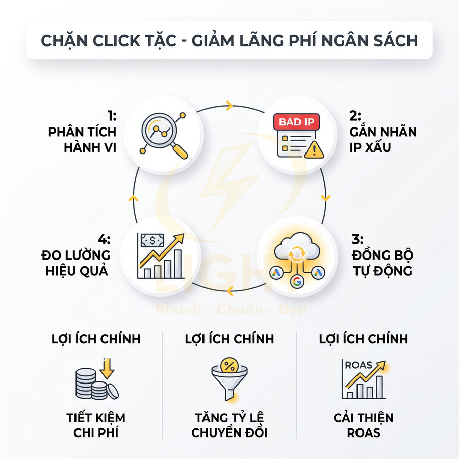 Quy trình chặn click tặc phân tích hành vi, gắn nhãn IP xấu, đồng bộ tự động và đo lường hiệu quả quảng cáo
