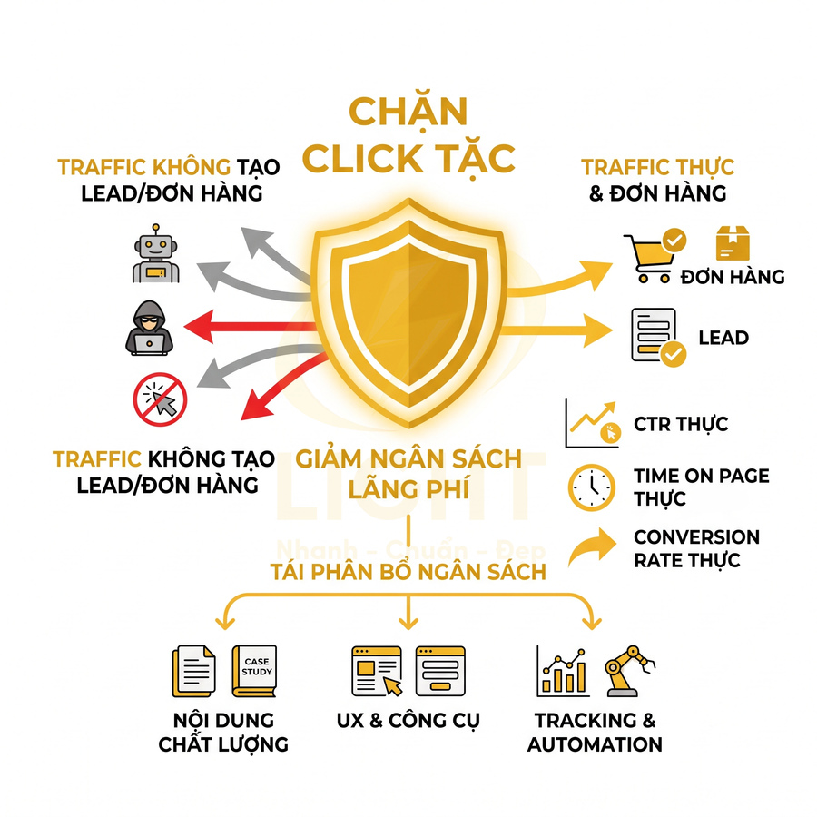 Mô hình chặn click tặc giúp loại bỏ traffic ảo, tối ưu ngân sách quảng cáo và tăng lead đơn hàng