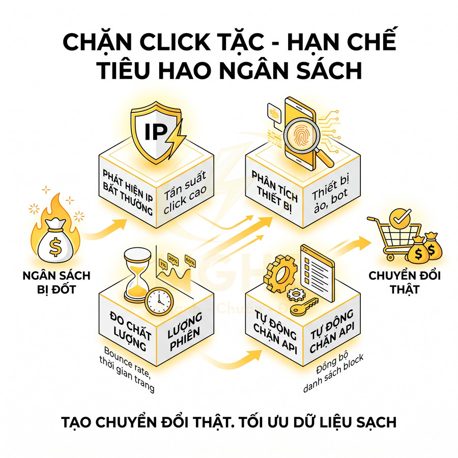 Giải pháp chặn click tặc, phân tích IP và thiết bị, tự động chặn API để tối ưu ngân sách quảng cáo và tăng chuyển đổi