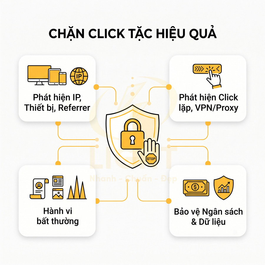Giải pháp chặn click tặc hiệu quả với phát hiện IP, click lặp, hành vi bất thường và bảo vệ ngân sách dữ liệu