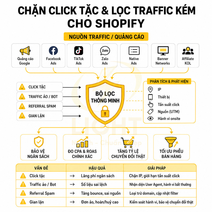 Giải pháp chặn click tặc và lọc traffic kém cho quảng cáo Shopify với bộ lọc thông minh bảo vệ ngân sách