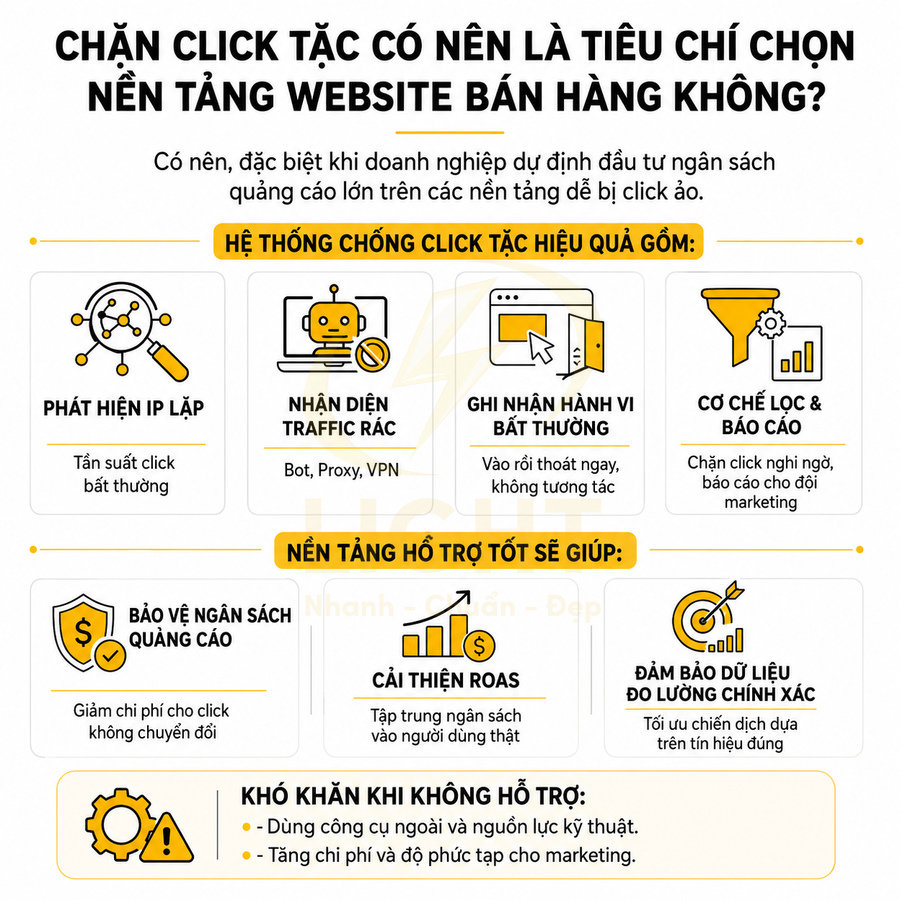 Infographic về hệ thống chống click tặc và lợi ích cho nền tảng website bán hàng, tối ưu ngân sách quảng cáo