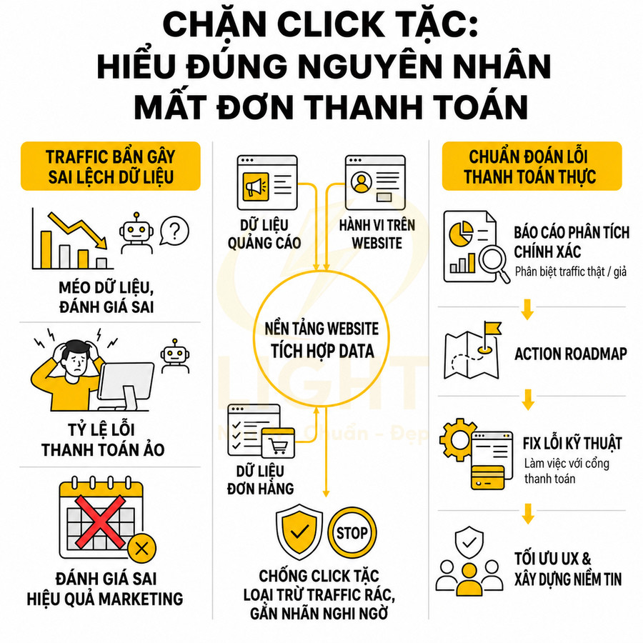 Chặn click tặc và phân tích nguyên nhân mất đơn thanh toán với nền tảng website tích hợp data