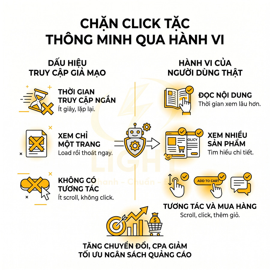 Infographic chặn click tặc qua hành vi, phân biệt truy cập giả mạo và người dùng thật để tối ưu quảng cáo