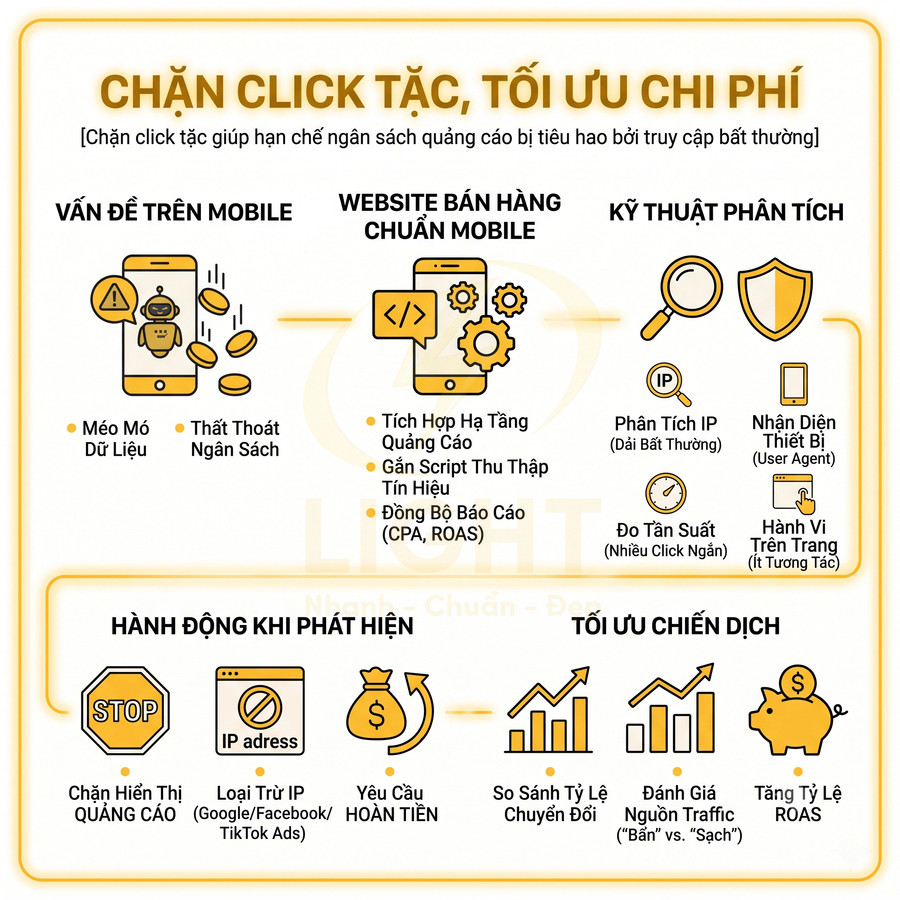 Infographic giải pháp chặn click tặc trên mobile, phân tích IP và tối ưu chiến dịch quảng cáo để tiết kiệm chi phí