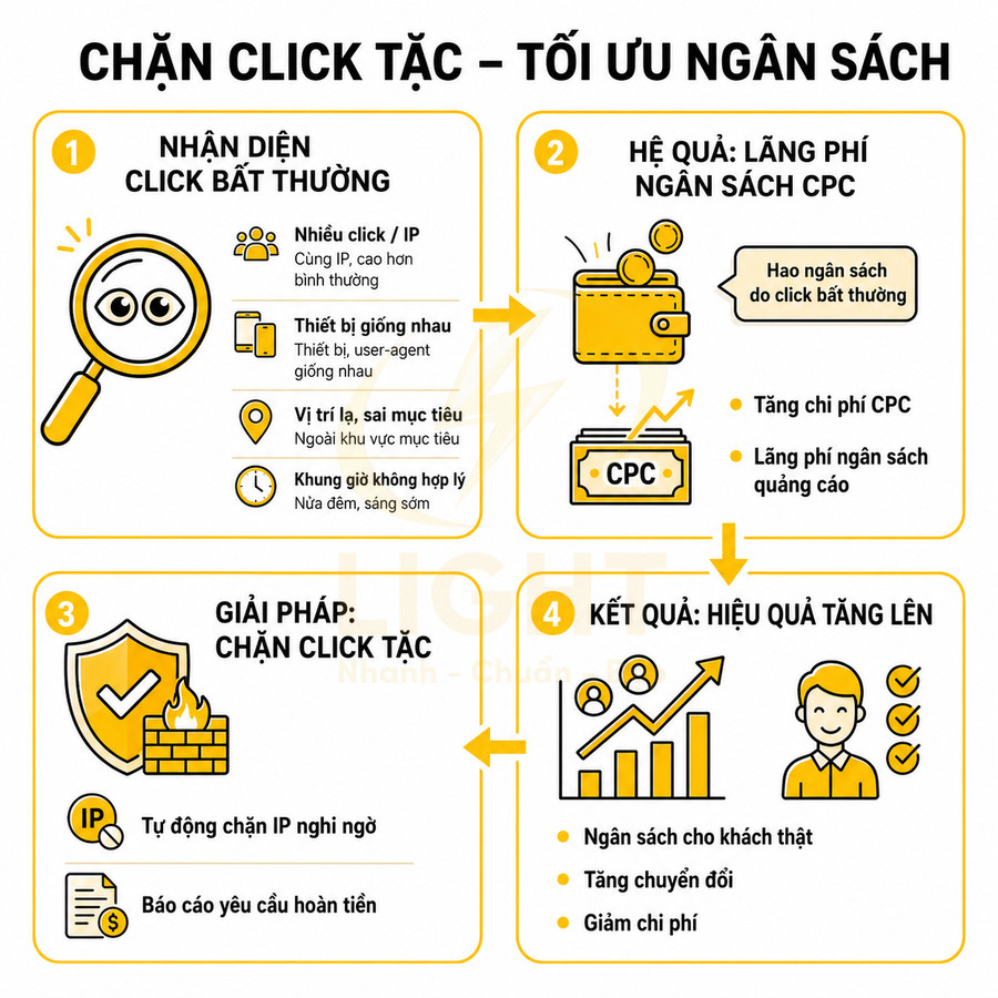 Quy trình chặn click tặc tối ưu ngân sách CPC với các bước nhận diện, giải pháp và kết quả tăng hiệu quả quảng cáo
