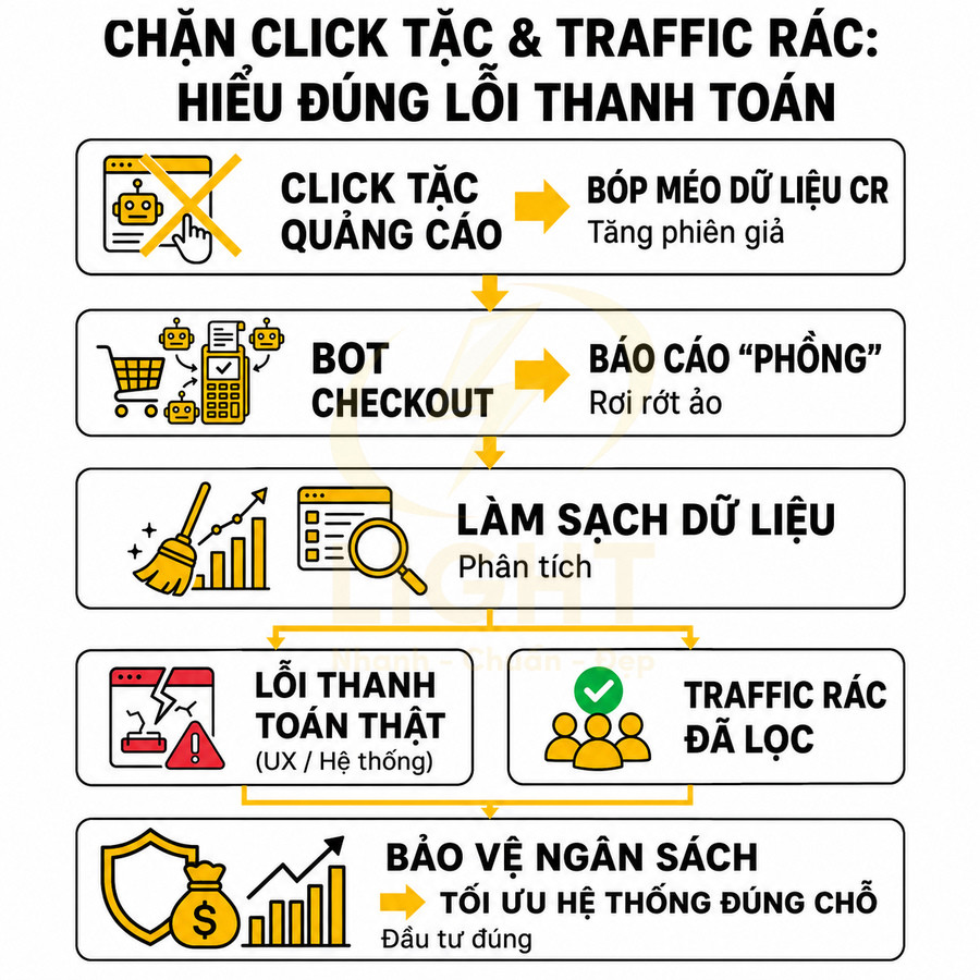 Quy trình chặn click tặc và traffic rác, làm sạch dữ liệu để nhận diện lỗi thanh toán thật và bảo vệ ngân sách quảng cáo