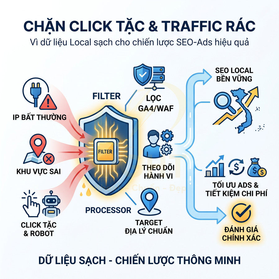 Giải pháp filter chặn click tặc và traffic rác, lọc IP bất thường, tối ưu SEO Local và quảng cáo tiết kiệm chi phí