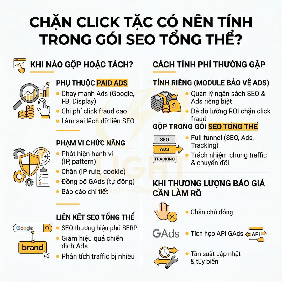 Infographic chặn click tặc trong chiến dịch Google Ads và cách tính phí trong gói SEO tổng thể