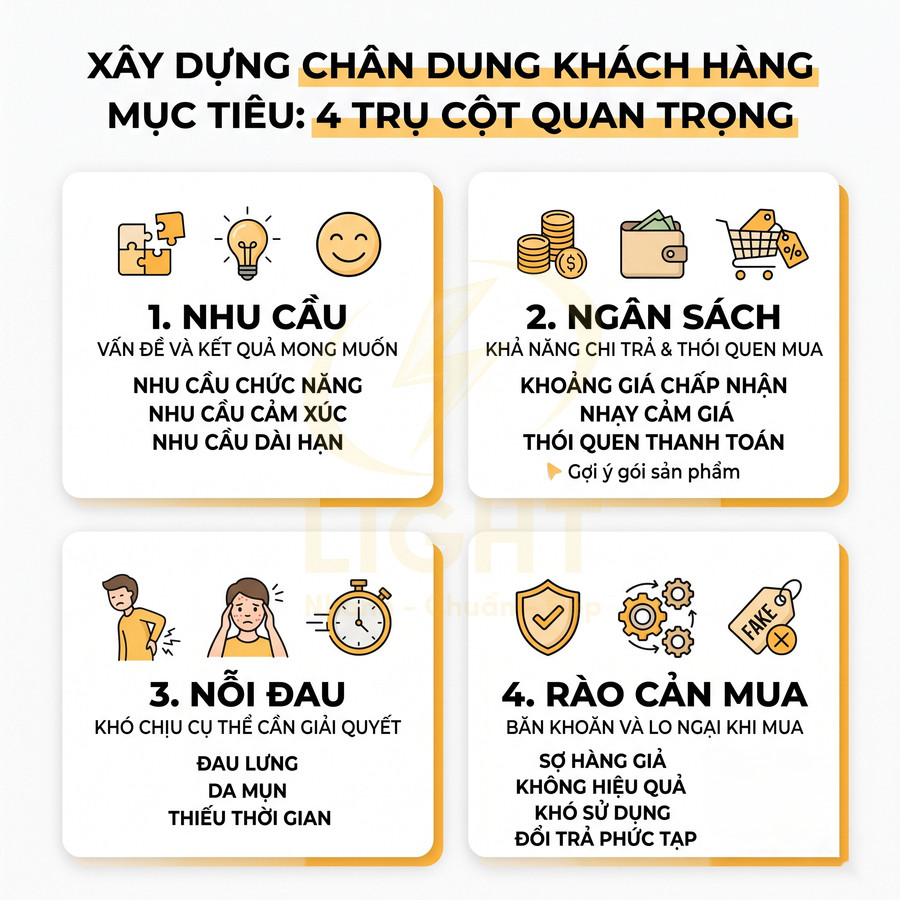 Xây dựng chân dung khách hàng mục tiêu với 4 trụ cột nhu cầu, ngân sách, nỗi đau và rào cản mua hàng