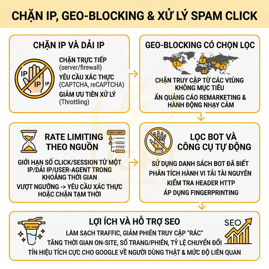 Infographic chặn IP, geo blocking và xử lý spam click, giới hạn tần suất truy cập, lọc bot và lợi ích SEO