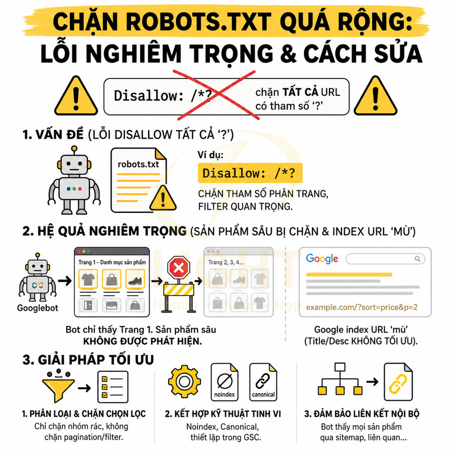 Hướng dẫn sửa lỗi chặn robots.txt quá rộng với Disallow /*? để tránh mất index sản phẩm và tối ưu SEO website