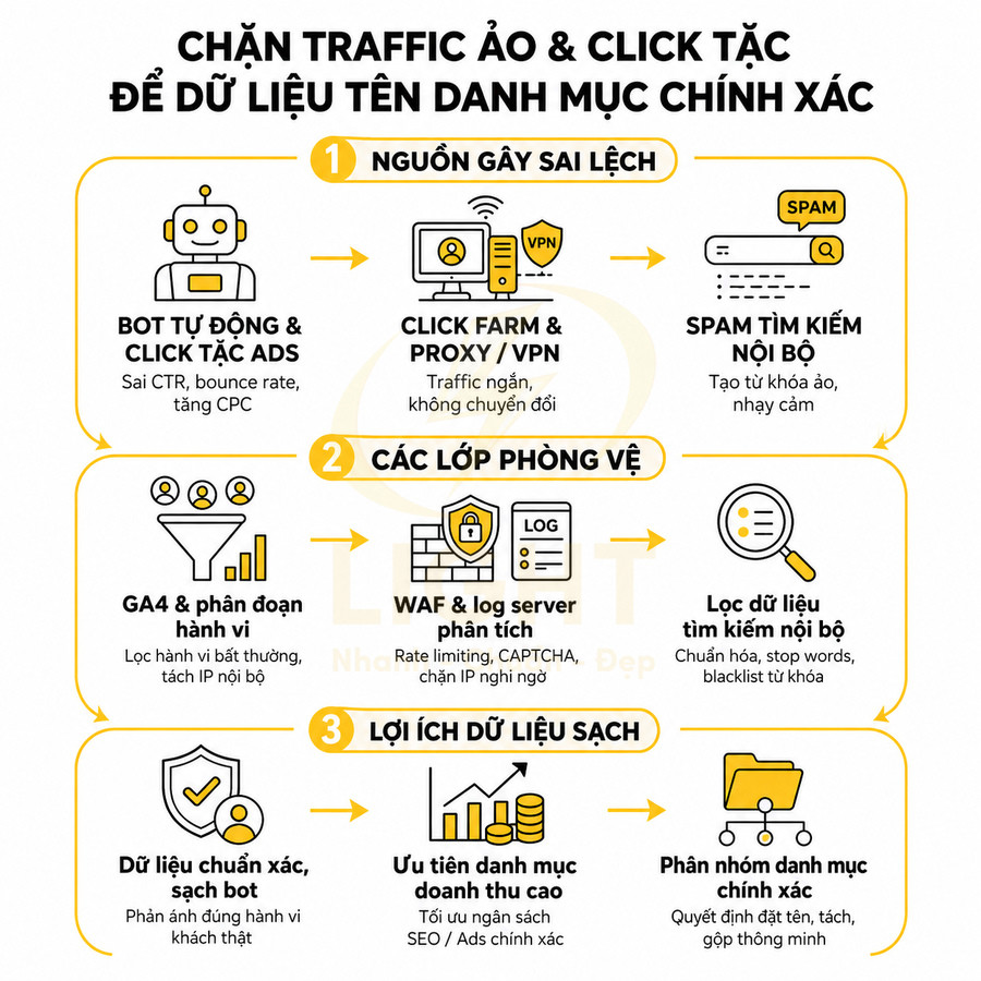 Infographic quy trình chặn traffic ảo và click tặc để giữ dữ liệu tên danh mục chính xác trong marketing online