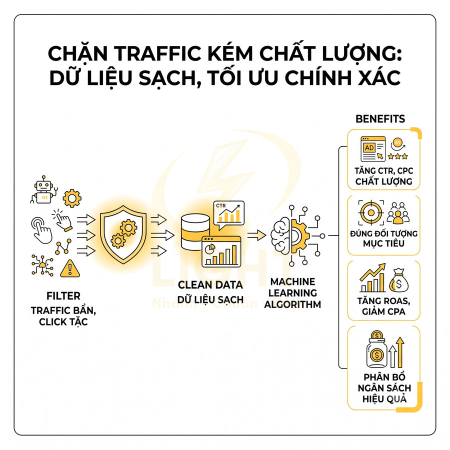 Mô tả quy trình lọc traffic bẩn, làm sạch dữ liệu và dùng machine learning tối ưu quảng cáo, tăng hiệu quả ngân sách