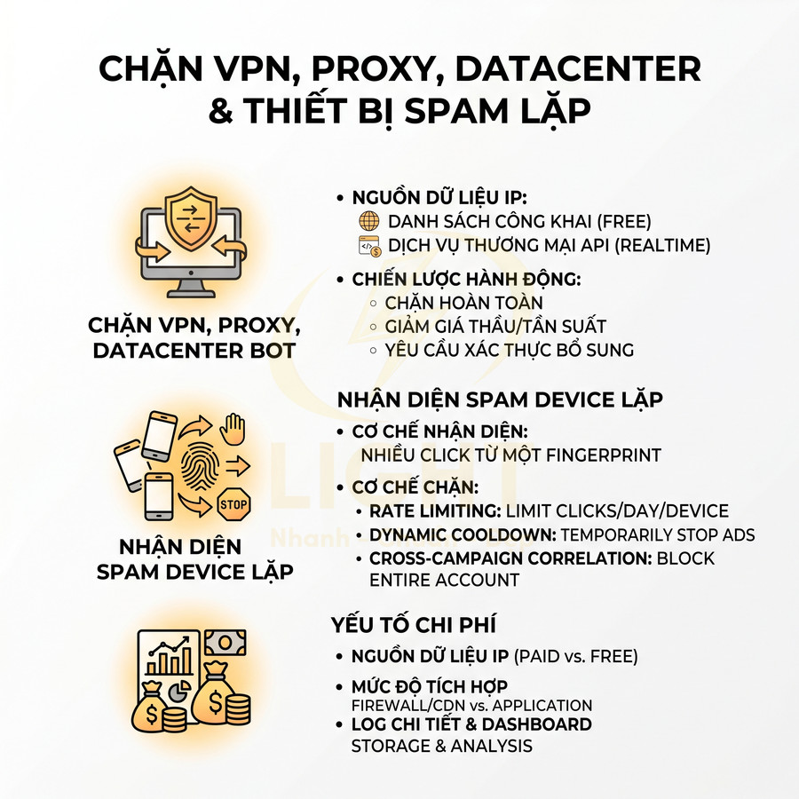 Giải pháp chặn VPN proxy datacenter bot và nhận diện thiết bị spam lặp cho quảng cáo online