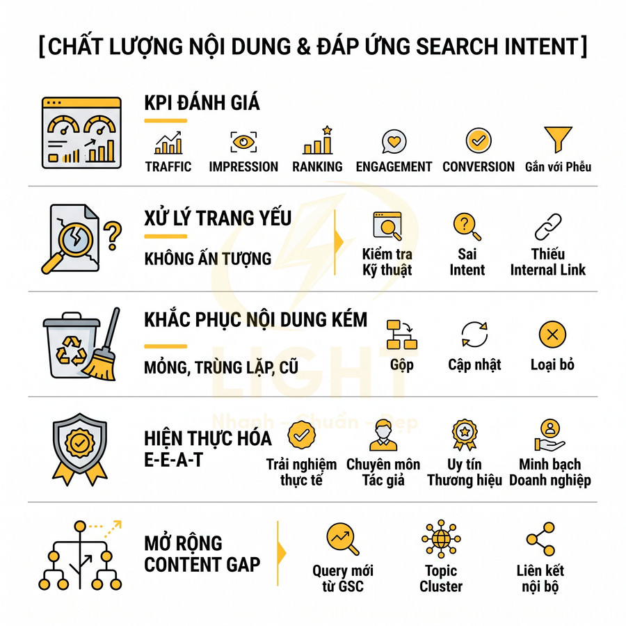 Checklist tối ưu chất lượng nội dung SEO đáp ứng search intent với KPI, xử lý trang yếu và mở rộng content gap