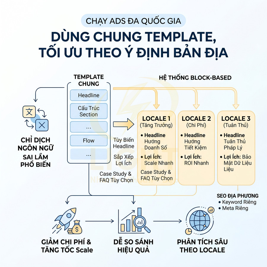 Sơ đồ quy trình chạy quảng cáo đa quốc gia dùng chung template tối ưu theo từng locale bản địa
