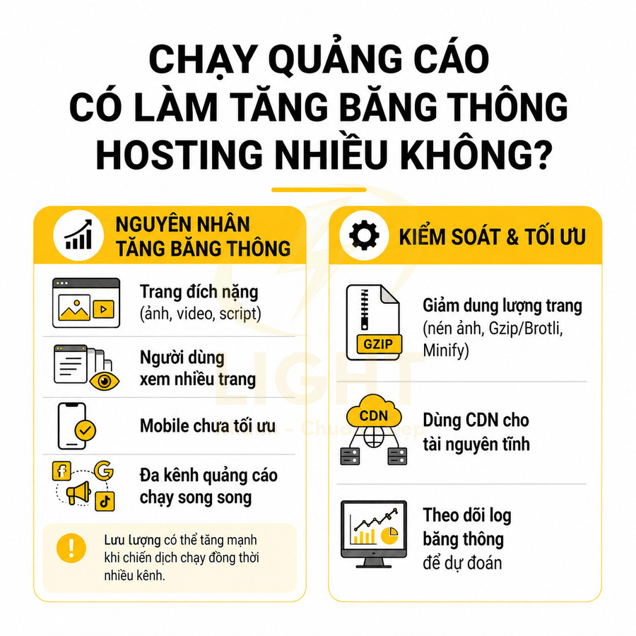Infographic giải thích chạy quảng cáo có làm tăng băng thông hosting và cách tối ưu Gzip CDN theo dõi log