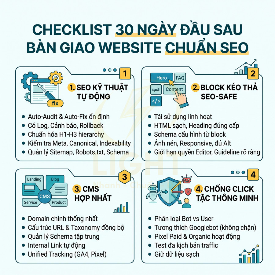 Checklist 30 ngày đầu sau bàn giao website chuẩn SEO với 4 nhóm việc tối ưu kỹ thuật và bảo mật