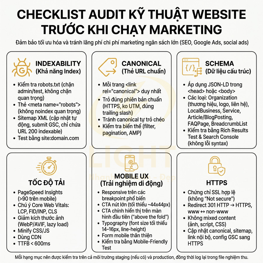 Checklist audit kỹ thuật website trước khi chạy marketing với các mục indexability, canonical, schema, tốc độ tải, mobile UX, HTTPS