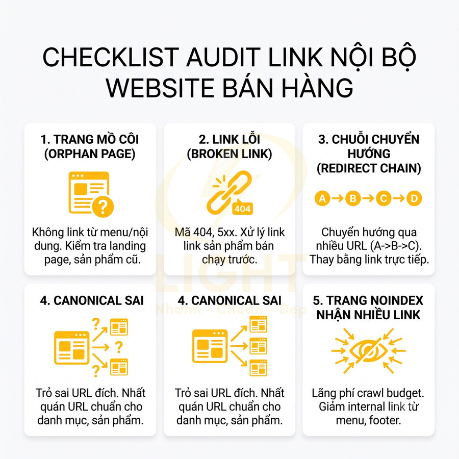 Checklist audit link nội bộ cho website bán hàng với 5 lỗi phổ biến và cách tối ưu SEO internal link