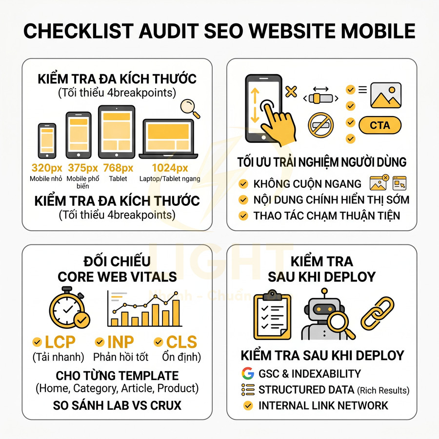 Checklist audit SEO website mobile với hướng dẫn kiểm tra kích thước, UX, Core Web Vitals và các bước kiểm tra sau khi deploy