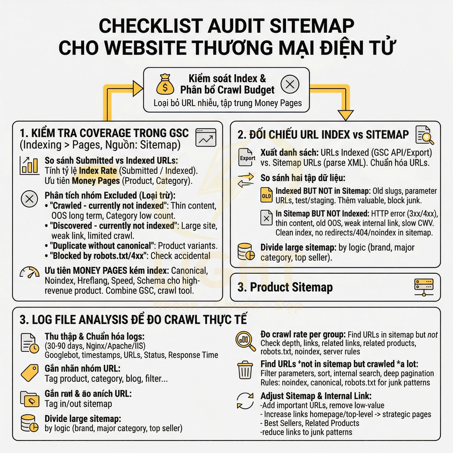 Checklist audit sitemap cho website thương mại điện tử với các bước kiểm tra index, đối chiếu URL và phân tích log file