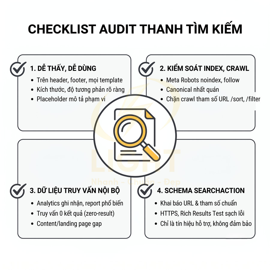 Checklist audit thanh tìm kiếm với 4 bước tối ưu SEO và biểu tượng kính lúp màu vàng