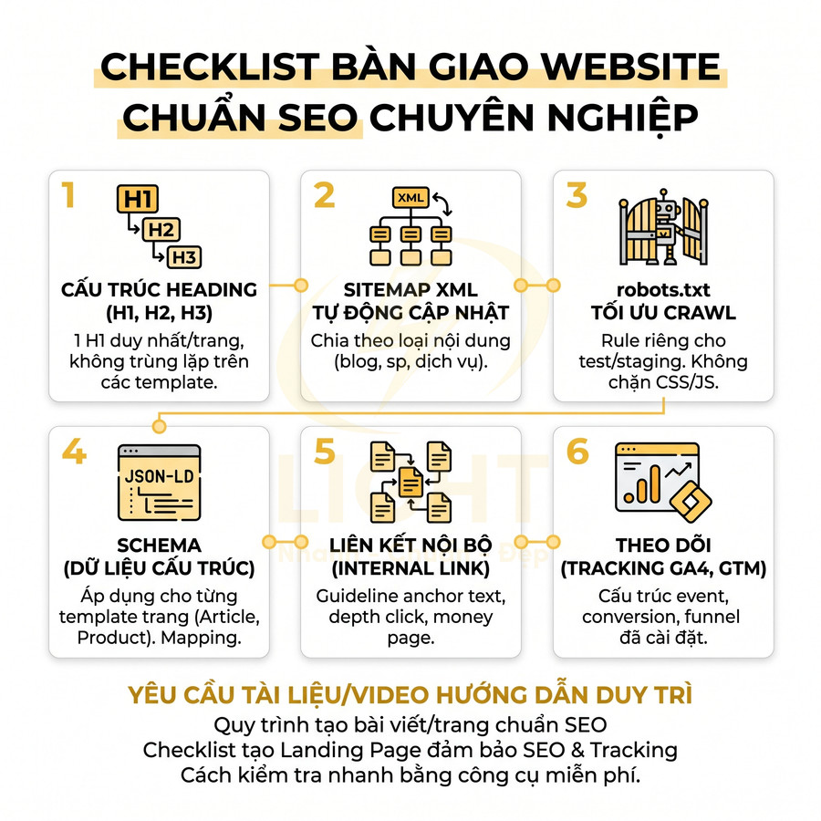 Checklist bàn giao website chuẩn SEO với 6 bước tối ưu heading, sitemap, robots, schema, internal link và tracking