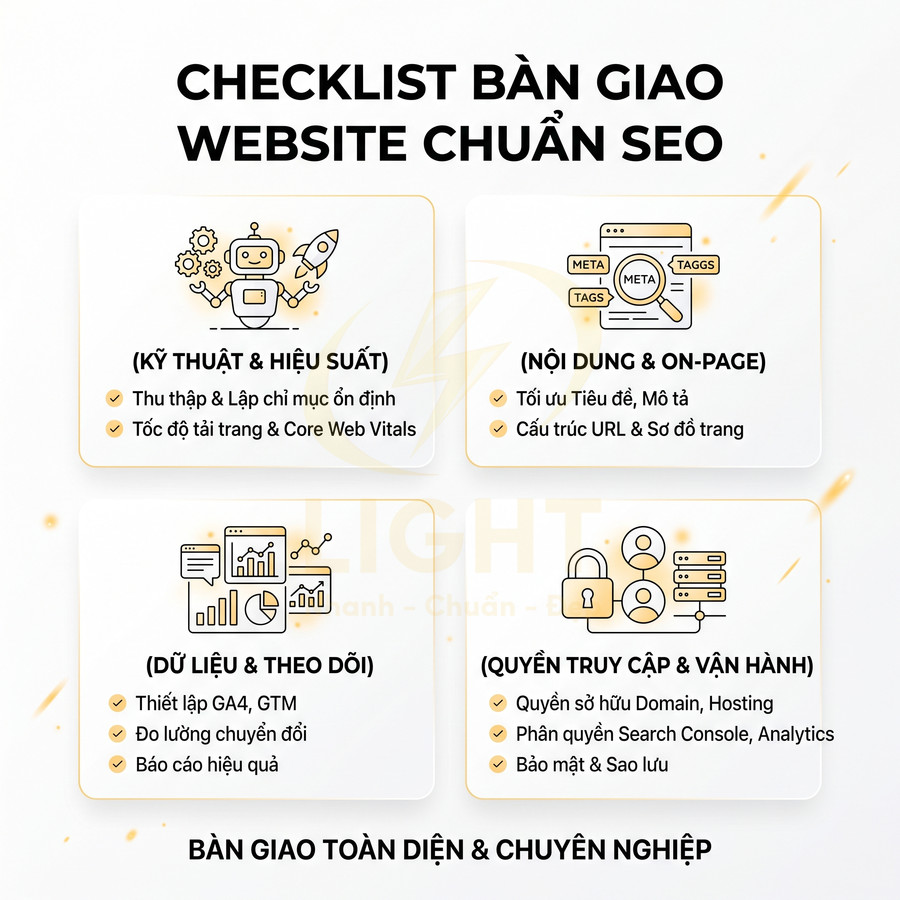 Checklist bàn giao website chuẩn SEO với 4 nhóm: kỹ thuật, nội dung onpage, dữ liệu theo dõi và quyền truy cập vận hành