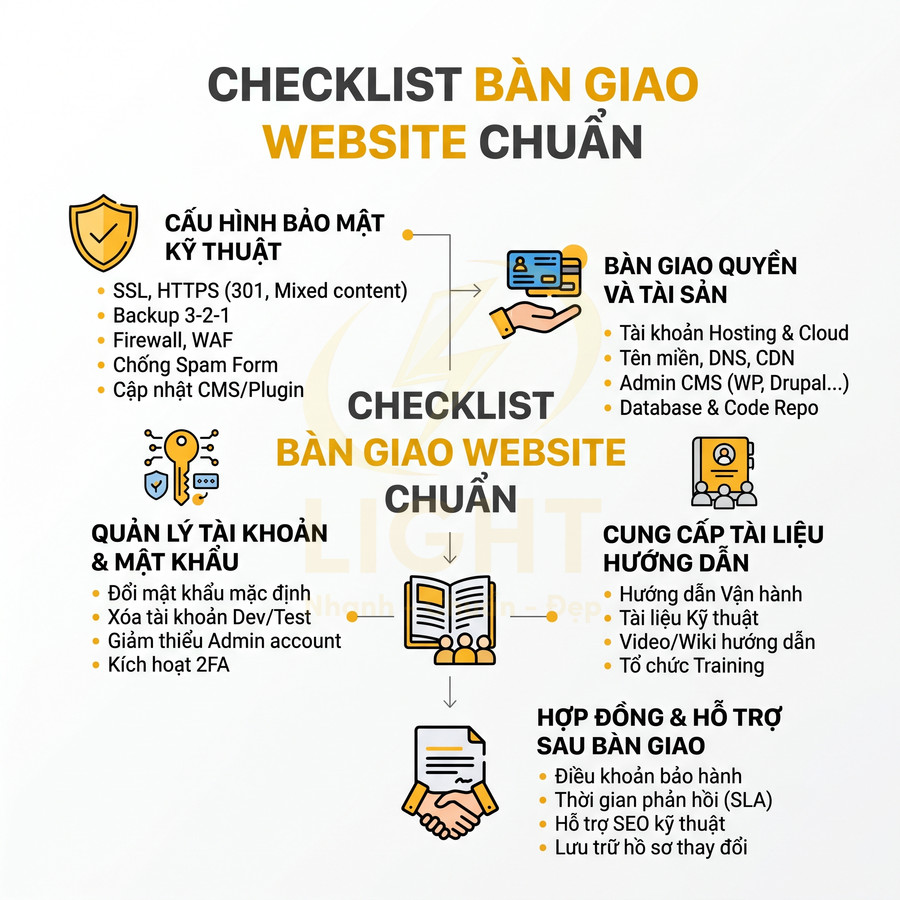 Checklist bàn giao website chuẩn với cấu hình bảo mật, quản lý tài khoản, tài liệu hướng dẫn và hỗ trợ sau bàn giao