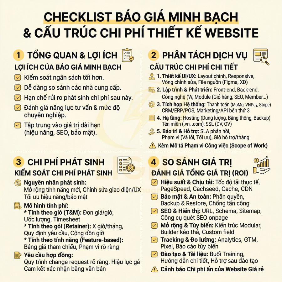 Checklist báo giá minh bạch và cấu trúc chi phí thiết kế website với các mục lợi ích, dịch vụ, chi phí phát sinh, so sánh giá trị