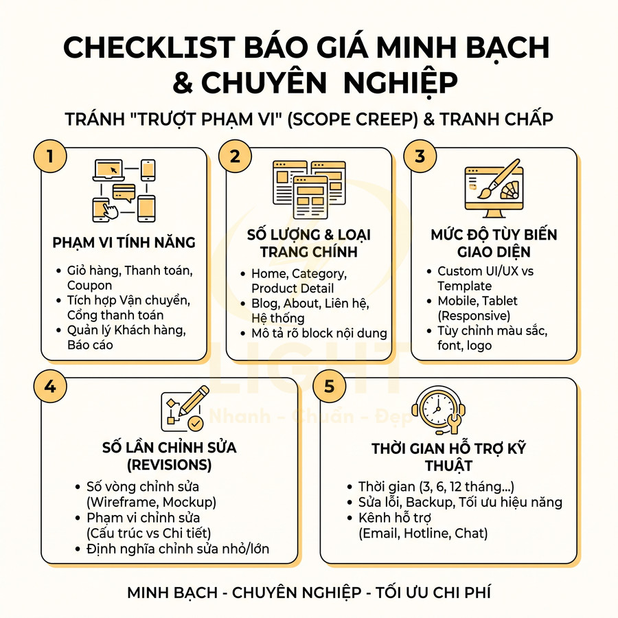 Checklist báo giá thiết kế website minh bạch chuyên nghiệp với 5 mục: tính năng, số trang, giao diện, chỉnh sửa, hỗ trợ kỹ thuật