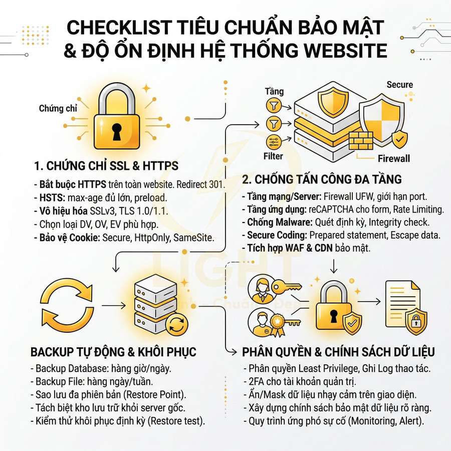 Checklist tiêu chuẩn bảo mật và độ ổn định hệ thống website với SSL HTTPS, firewall, backup và phân quyền dữ liệu